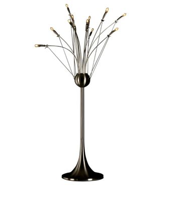 a black and silver floor lamp with white lights on it
