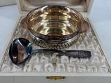 a silver plate with a spoon and spoon rest in a box