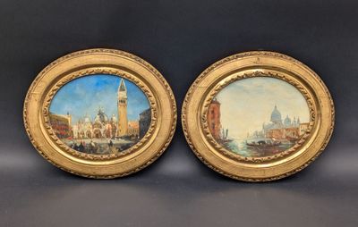 two framed paintings of a city and a boat on a body of water