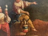 a painting of two women sitting on a horse with a dog