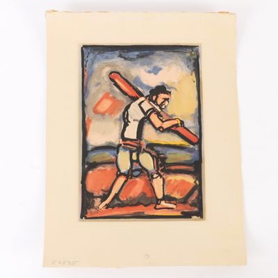 painting of a man carrying a baseball bat on a white background