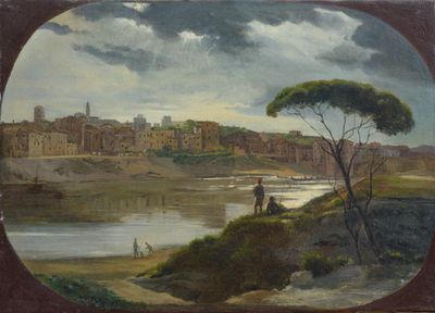 une image représentant un tableau où l'on voit un homme et un chien au bord d'une rivière