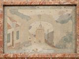 une peinture sur le mur d'un bâtiment avec une horloge dessus