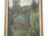 une peinture à l'huile représentant une scène de jardin avec une fleur rouge au premier plan