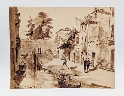 drawing of a street scene with a man walking down the street