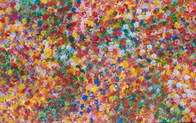 une peinture représentant des fleurs colorées dans un champ, avec le ciel en arrière-plan