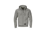 a close up of a grey hoodie with a zipper on the front