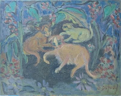 tableau représentant deux chats jouant ensemble dans un jardin