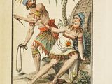 un vieux livre sur lequel figure le dessin d'un homme et d'une femme tenant une épée