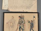 two drawings of soldiers and a drawing of a man with a gun