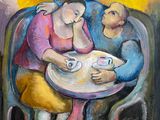 une peinture représentant un homme et une femme assis à une table