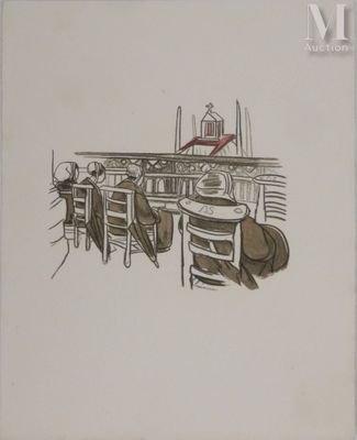 dessin représentant un homme assis à une table, coiffé d'un chapeau