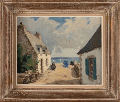 an image of a painting of people walking down a street by the ocean