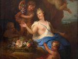 an image of a painting of a woman and two children with a basket of fruit