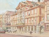 painting of a street scene with a horse drawn carriage in front of a building