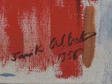 an image of a painting of a red and white painting with writing on it