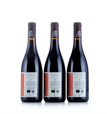 trois bouteilles de vin rouge posées l'une à côté de l'autre sur une surface blanche