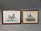 two framed pictures of a horse and rider on the wall