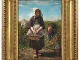 un tableau représentant une femme tenant un panier dans un champ