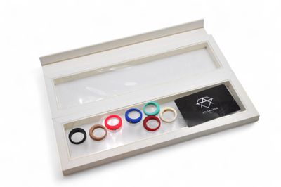 an image of a white box with four different colored rings in it