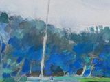 a painting of a sailboat on the shore of a lake