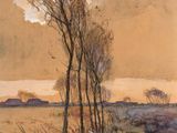 une image représentant une aquarelle d'un champ avec des arbres au premier plan