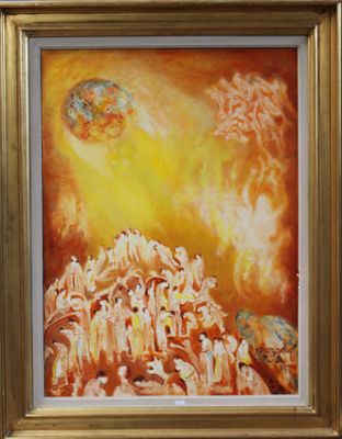 painting of a group of people standing in front of an orange sky