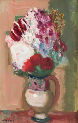 a painting of flowers in a vase on a table