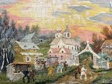 un tableau représentant une scène de village avec une calèche