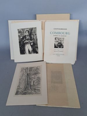 Trois livres sont ouverts sur une table, à côté d'un dessin représentant une femme