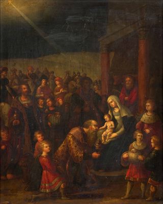 un tableau représentant un groupe de personnes rassemblées autour d'une crèche