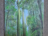 peinture représentant une scène forestière avec des arbres et de l'herbe au premier plan