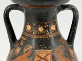 a black and orange vase with a painting on it