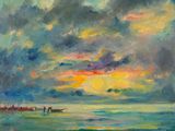 un tableau représentant un coucher de soleil sur l'océan, avec un bateau au loin