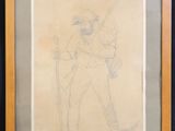 an old drawing of a man with a hat and a cane