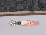 a silver star and a red and white ribbon on a table