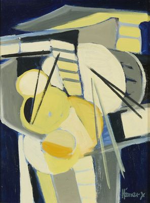peinture abstraite représentant un homme tenant une guitare et une corbeille de fruits