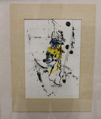 framed picture of a painting of a woman in a yellow dress with black and white paint