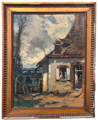 an oil painting of a farm scene with a woman outside a house