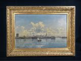 une peinture à l'huile représentant une vue d'un port avec des bateaux sur l'eau
