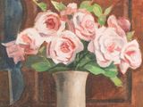 a painting of pink roses in a vase on a table