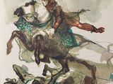 a picture of a book with a picture of a man riding a horse