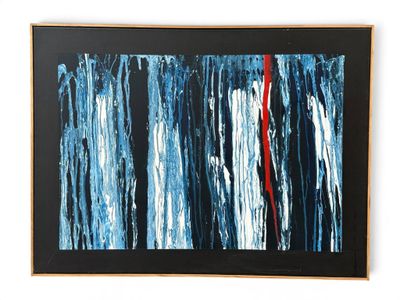 abstract painting of blue and red stripes on a black background
