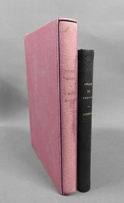 two pink books sitting next to each other on a gray surface