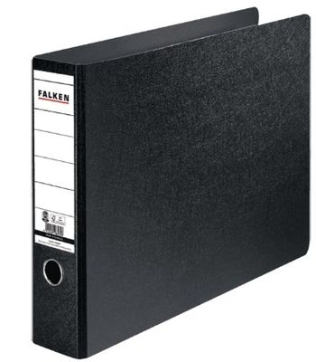 a black binder with a white label on it