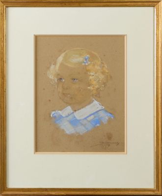 portrait d'une jeune fille en robe bleue, dans un cadre doré