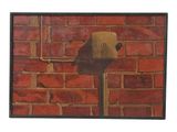 painting of a brick wall with a birdhouse on top of it