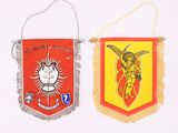 two red and yellow banners with angels on them on a white background