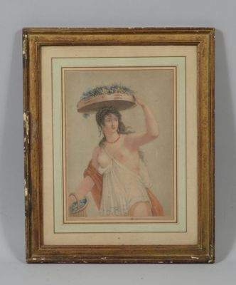 tableau représentant une femme avec un panier de fleurs sur la tête