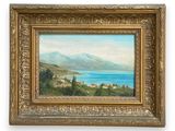 a painting of a landscape with a lake and mountains in the background